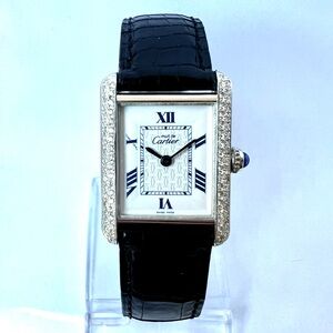 CARTIER TANK 2416 Quartz 22mm Silver 0.63TCW Diamond Watch